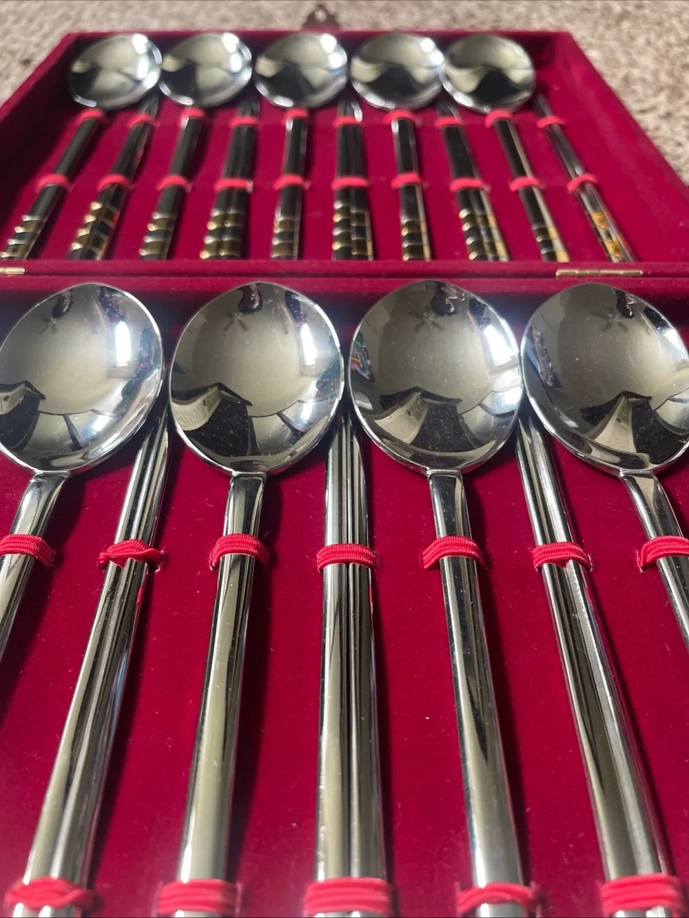 Gold-Trim Stainless Spoon and chopsticks Set with Red Accents